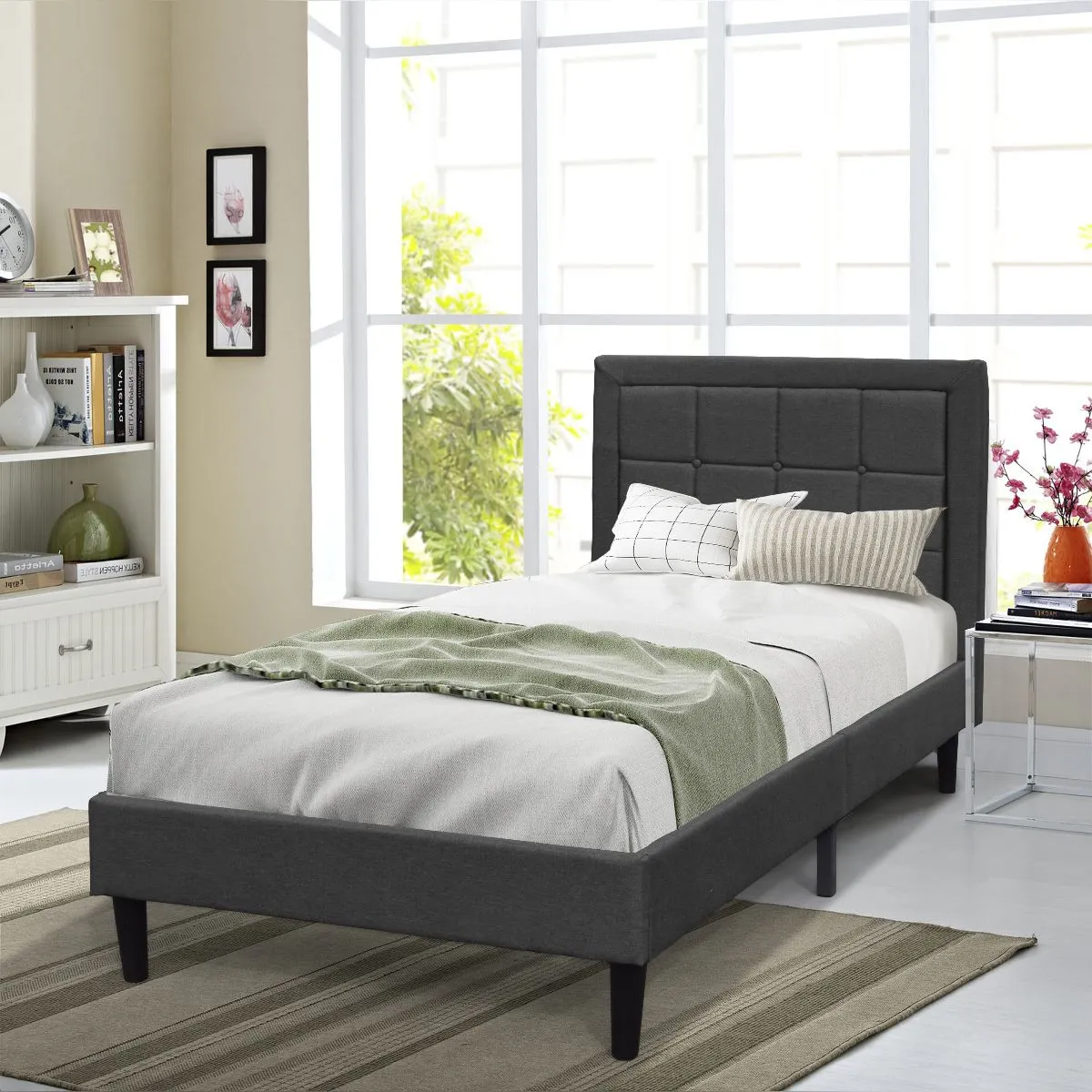 Comfy Living Ltd Fabric Bedframe With Buttoned Headboard in Dark Grey