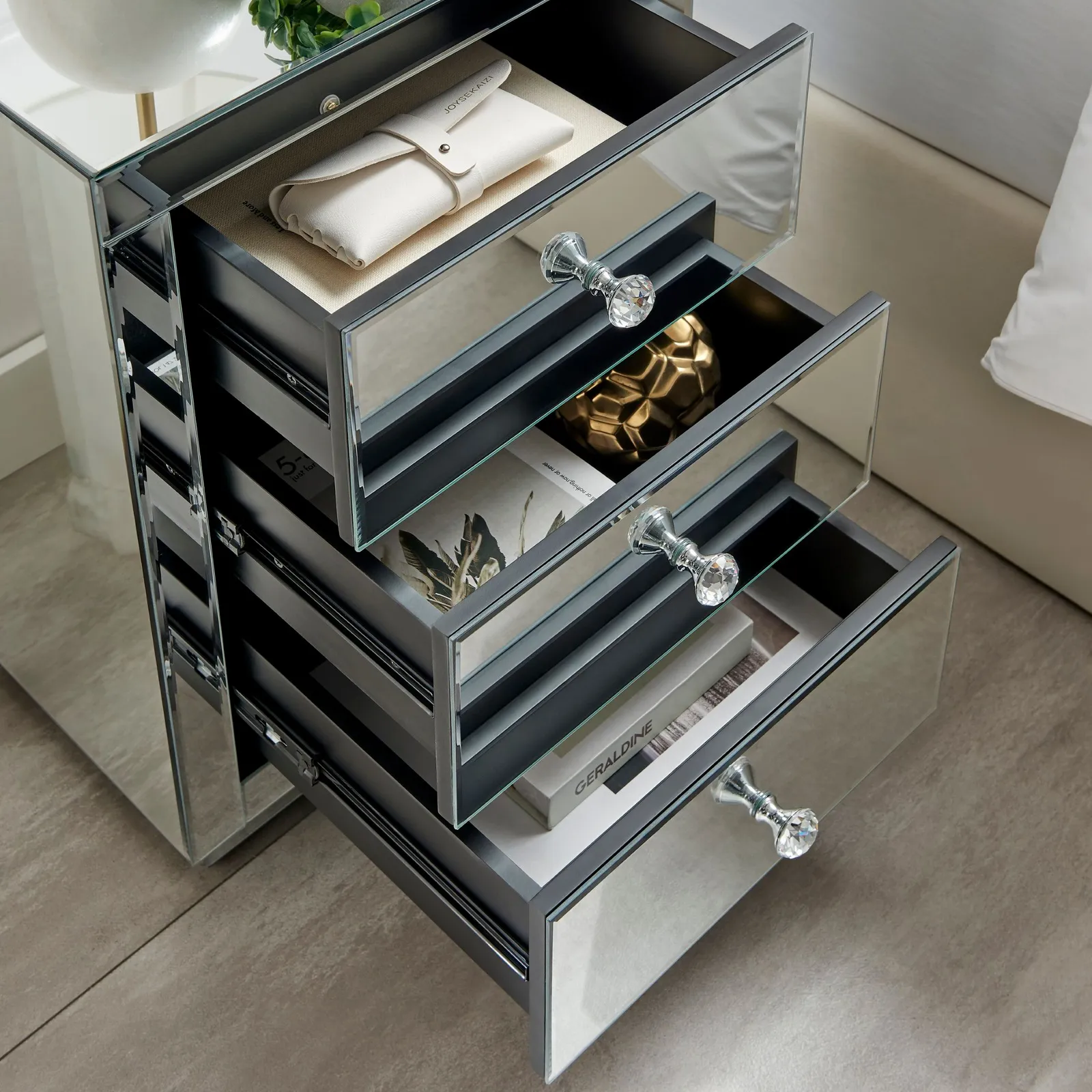 FurnitureboxUK Italian Inspired Contemporary Mirrored 3 Drawer Rectangular Bedside Table with Crystaline Shaped Handles in Silver 4