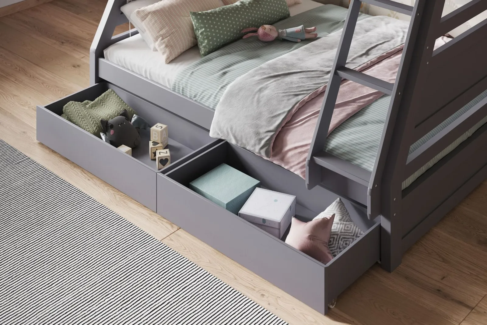 Flair Ollie Wooden Triple Bunk Bed with Drawers in Grey 5