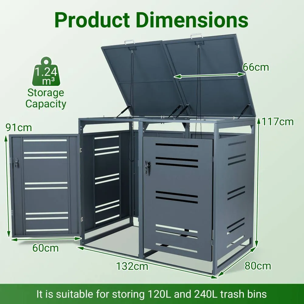 Costway Outdoor Garbage Bin Storage Shed Lockable Double Trash Can Enclosure in Grey 2