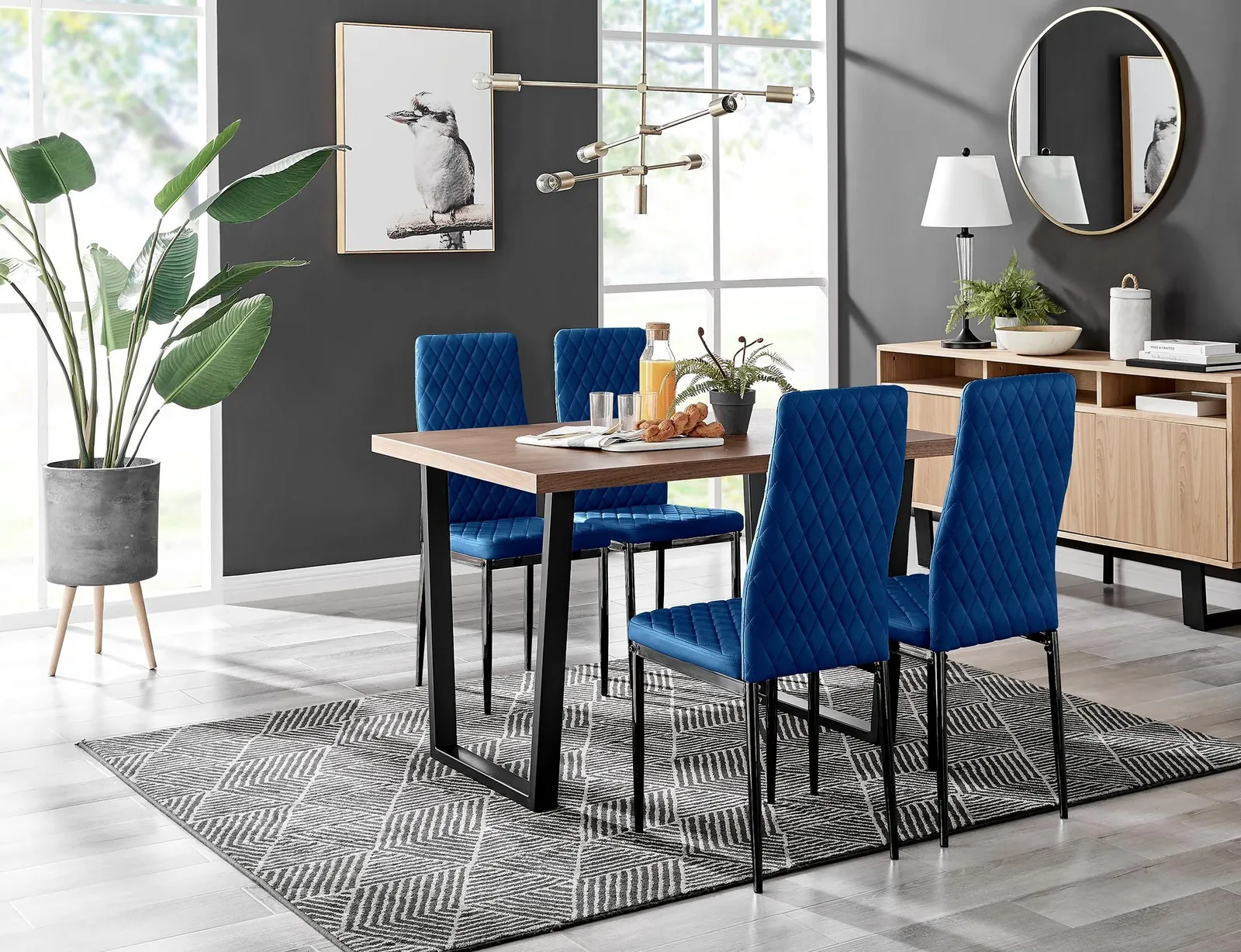 FurnitureboxUK Kylo Brown Wood Effect Dining Table With Black 'U' Legs & 4 Milan Velvet Chairs in Navy 1