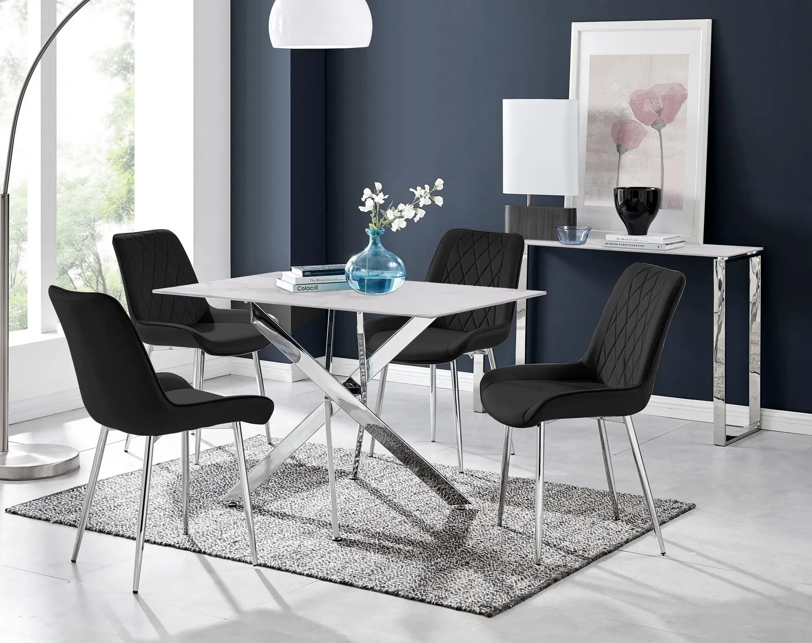 FurnitureboxUK Leonardo White Glass Marble Effect Silver Leg Table & 4 Pesaro Silver Chairs in Black 1