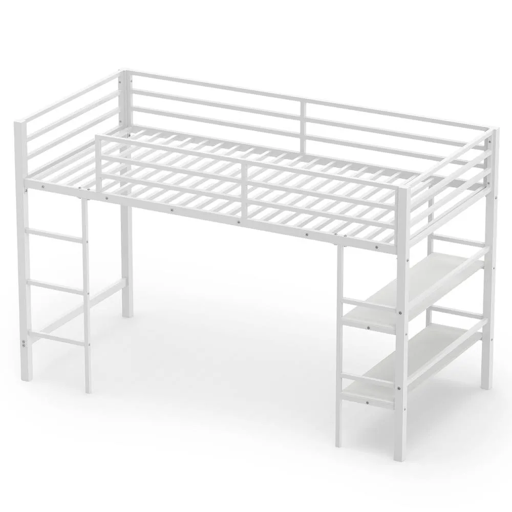 Costway Single Size Metal Loft Bed Metal Bed Frame w/Guardrails & Shelves in White