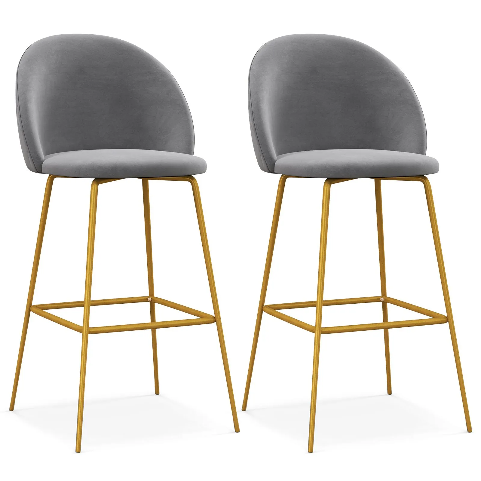 Costway Set of 2 Bar Stools Soft Velvet Upholstered Bar Chairs Pub Stool Chair High Back in Grey
