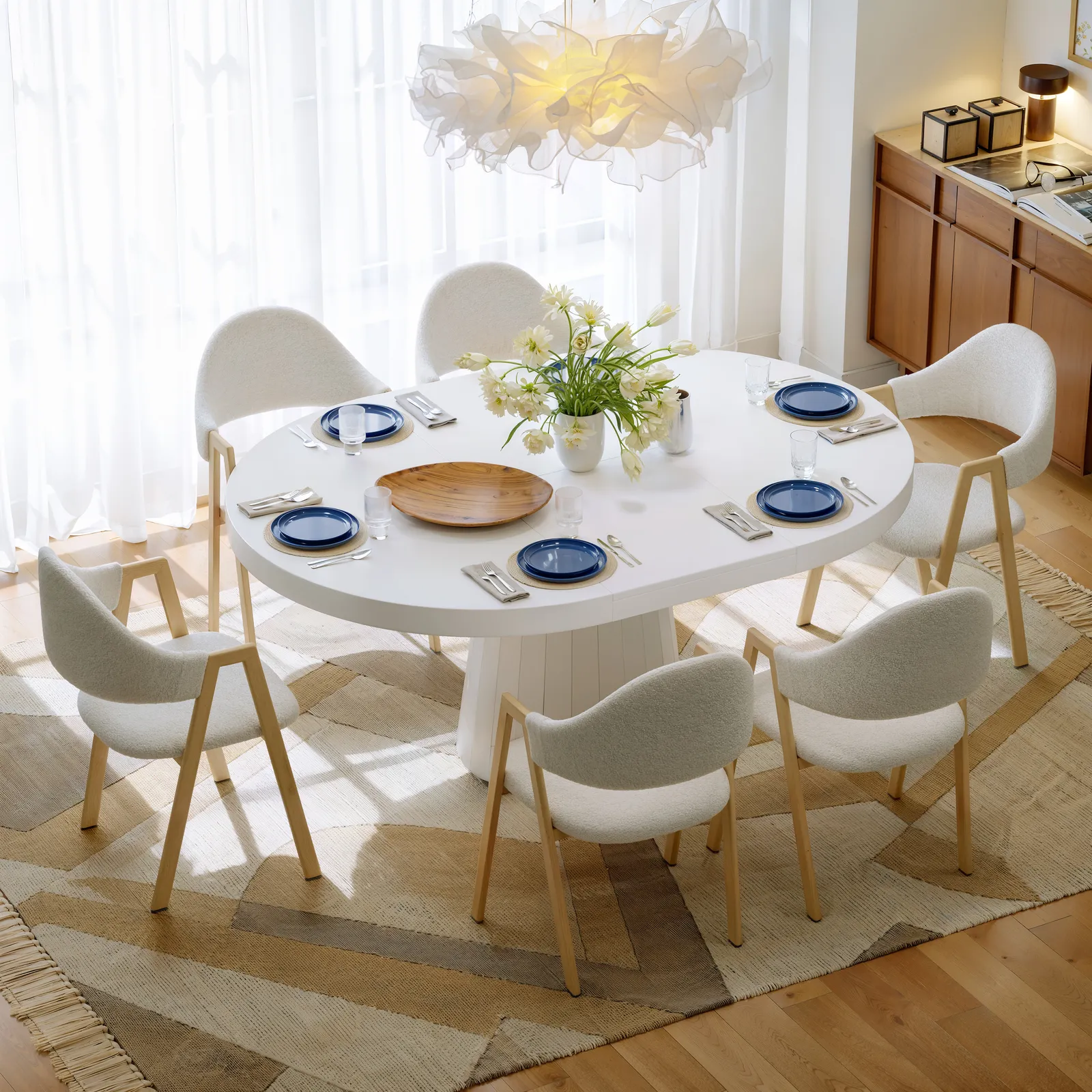 Extendable Dining Table Set 39"-55" Japandi White Dining Table & 6  Dining Chairs