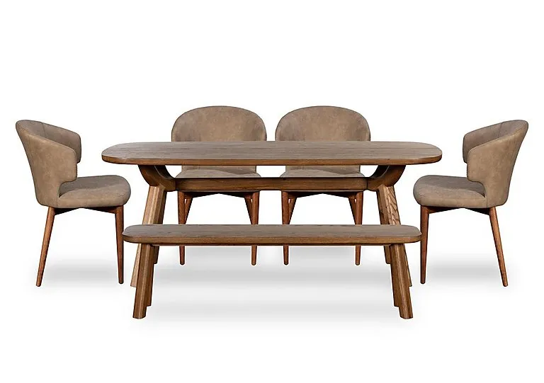 Pien Large Boat Shaped Oak Fixed Dining Table, 4 Faux Leather Chairs with Wooden Legs and a Large Bench - In Time for Christmas