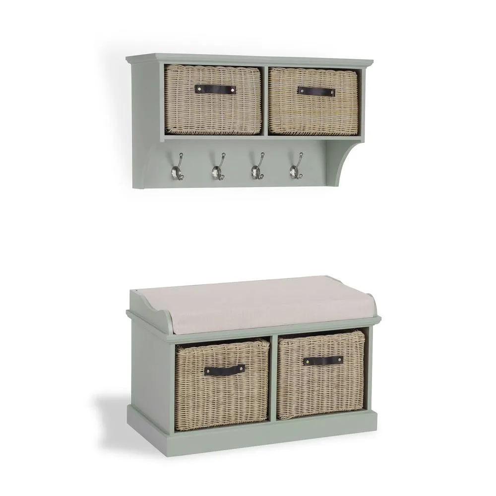 Statement Furniture Tetbury 2 Brown Faux Rattan Basket & Cream Cushion Hallway Set in Light Green 3