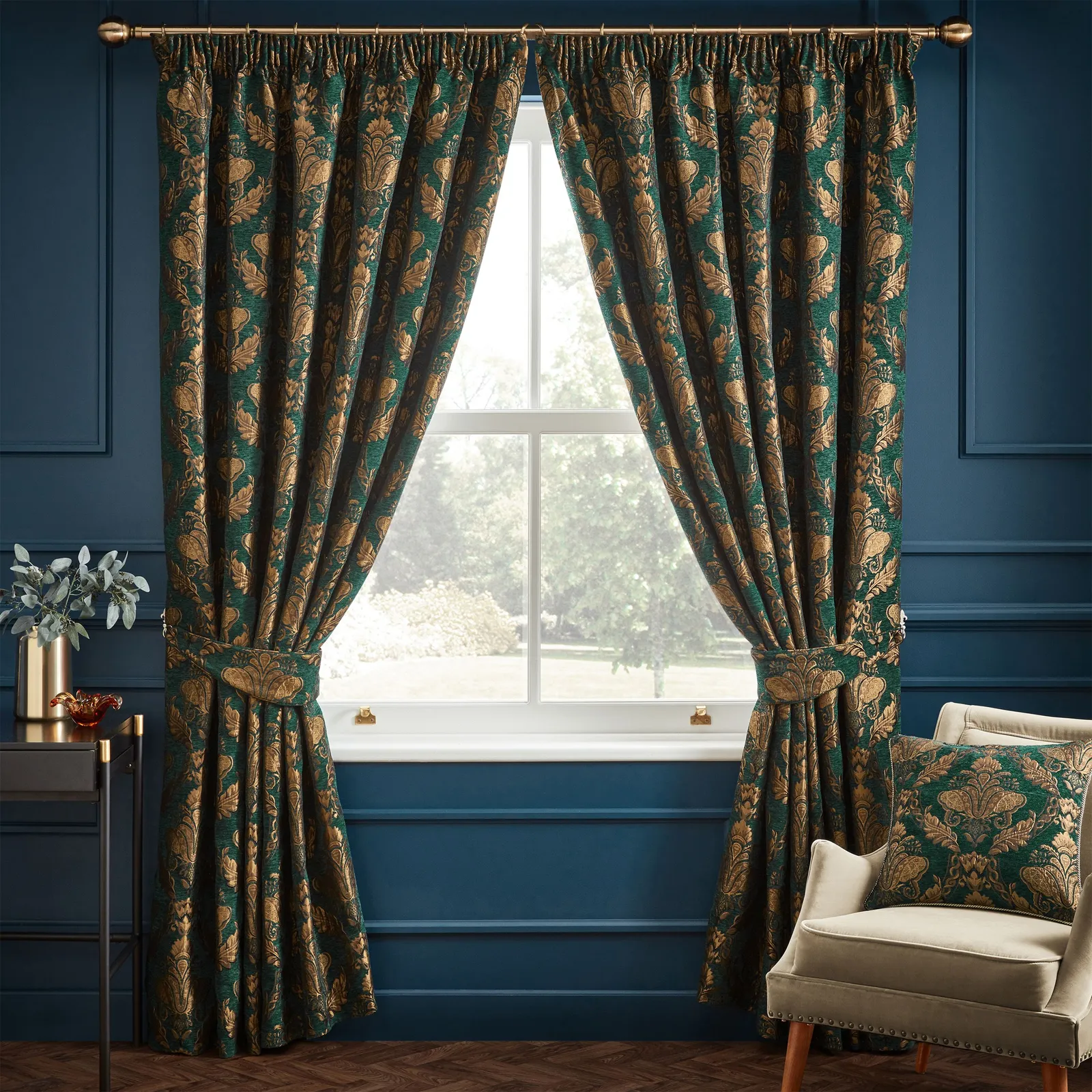 Paoletti Shiraz Fully Lined Jacquard Pencil Pleat Curtains Emerald 66" width 90" drop, Green