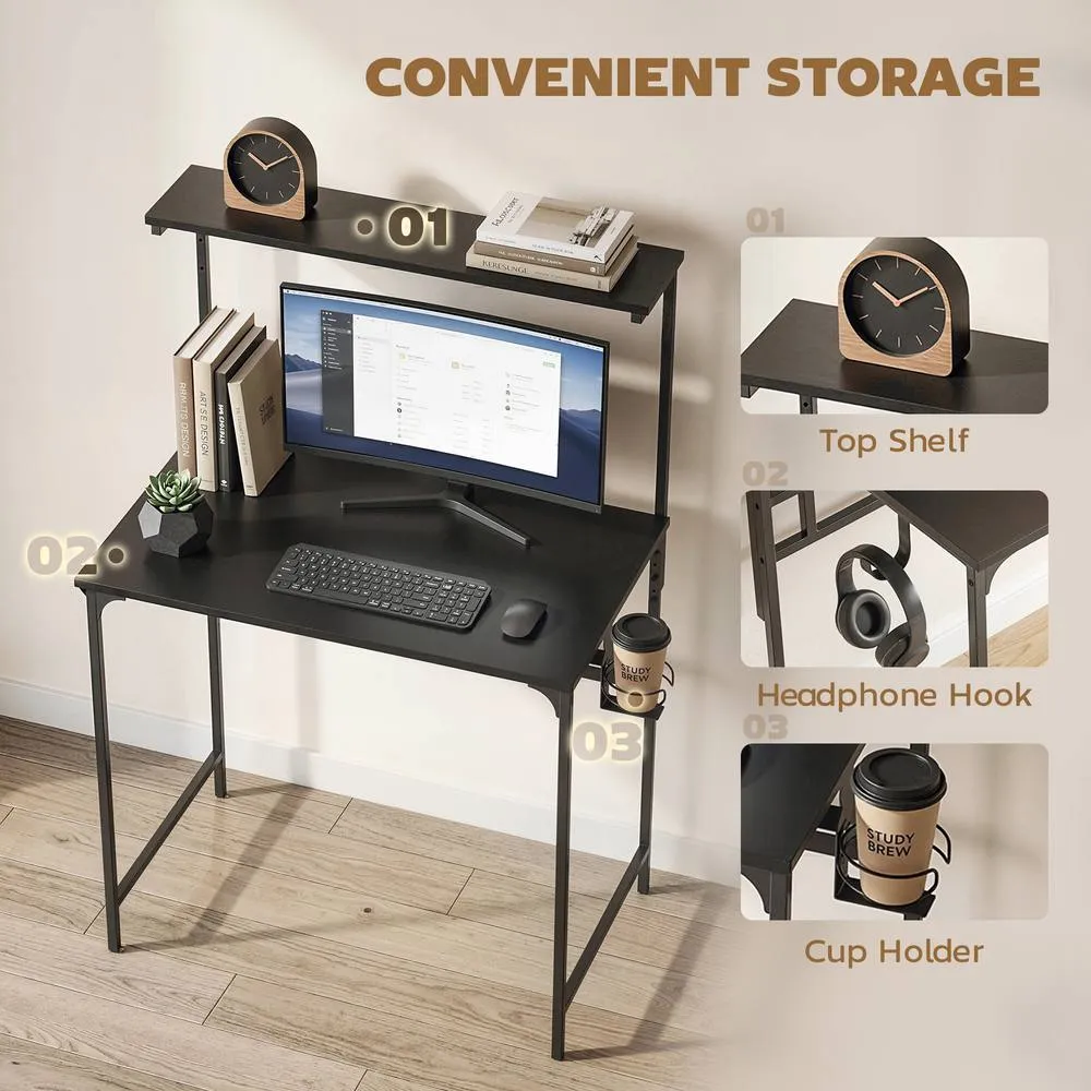 HOMCOM Computer Desk, 80cm Home Office Study Table with Hutch Shelf in Black 4