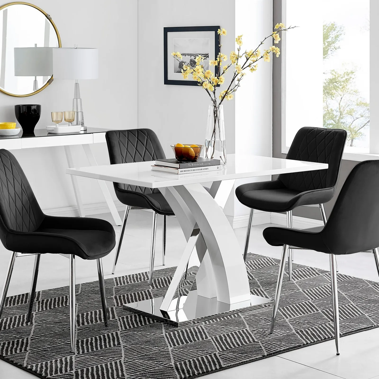 FurnitureboxUK Atlanta White High Gloss & Chrome 4 Seater Dining Table with X Shaped Legs & 4 Soft Velvet Pesaro Chairs in Black 1