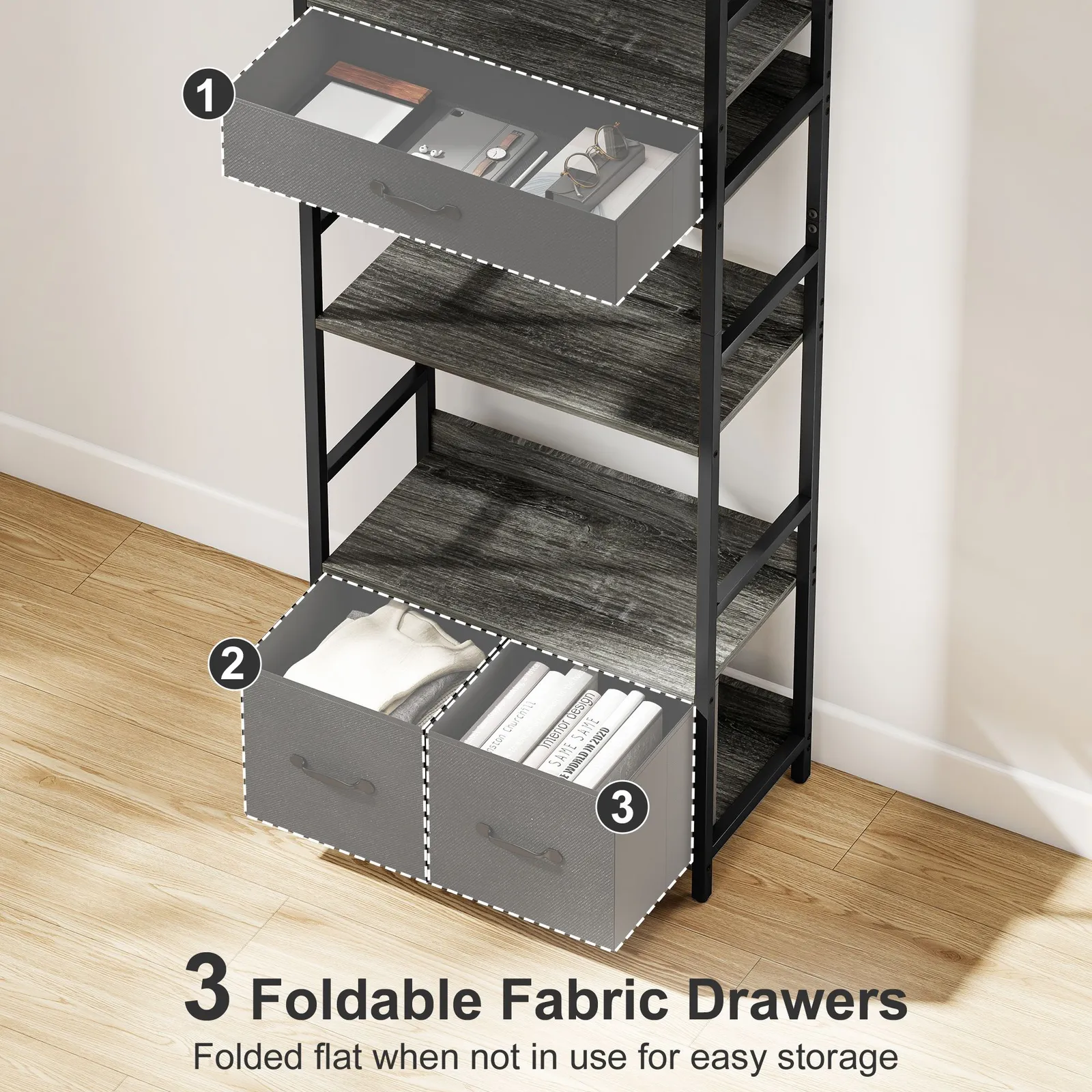 HOMCOM Industrial Bookshelf with 4 Shelves & 3 Fabric Drawers Grey 6