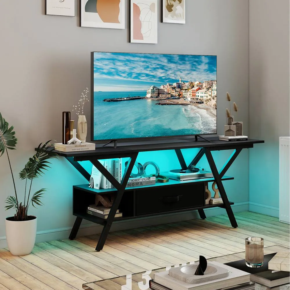 Costway TV Stand for 65" TVs 3-Tier Entertainment Center with LED Lights-Black in Black
