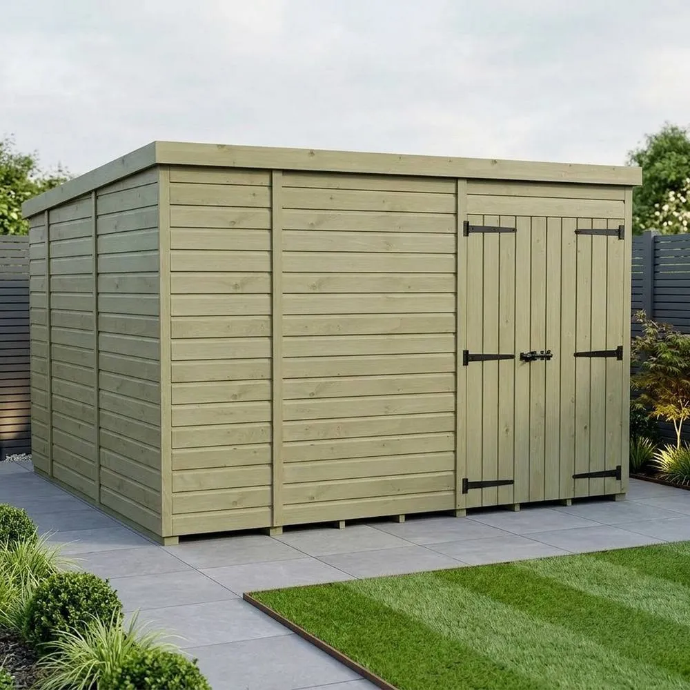 Buttercup Farm 10ft x 10ft Pent Garden Shed Double Door No Windows - Timber in Brown 2