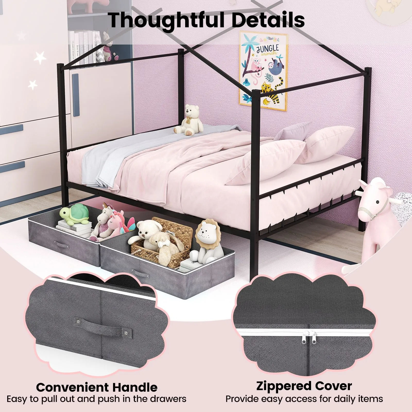 Costway Double Size House Bed Heavy-Duty Metal Platform Bed w/2 Drawers in Black 6