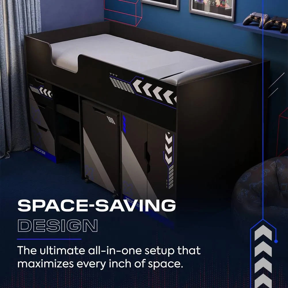 X Rocker Octane Mid Sleeper Gaming Cabin Bed Wardrobe & Pull out Desk in Blue 3