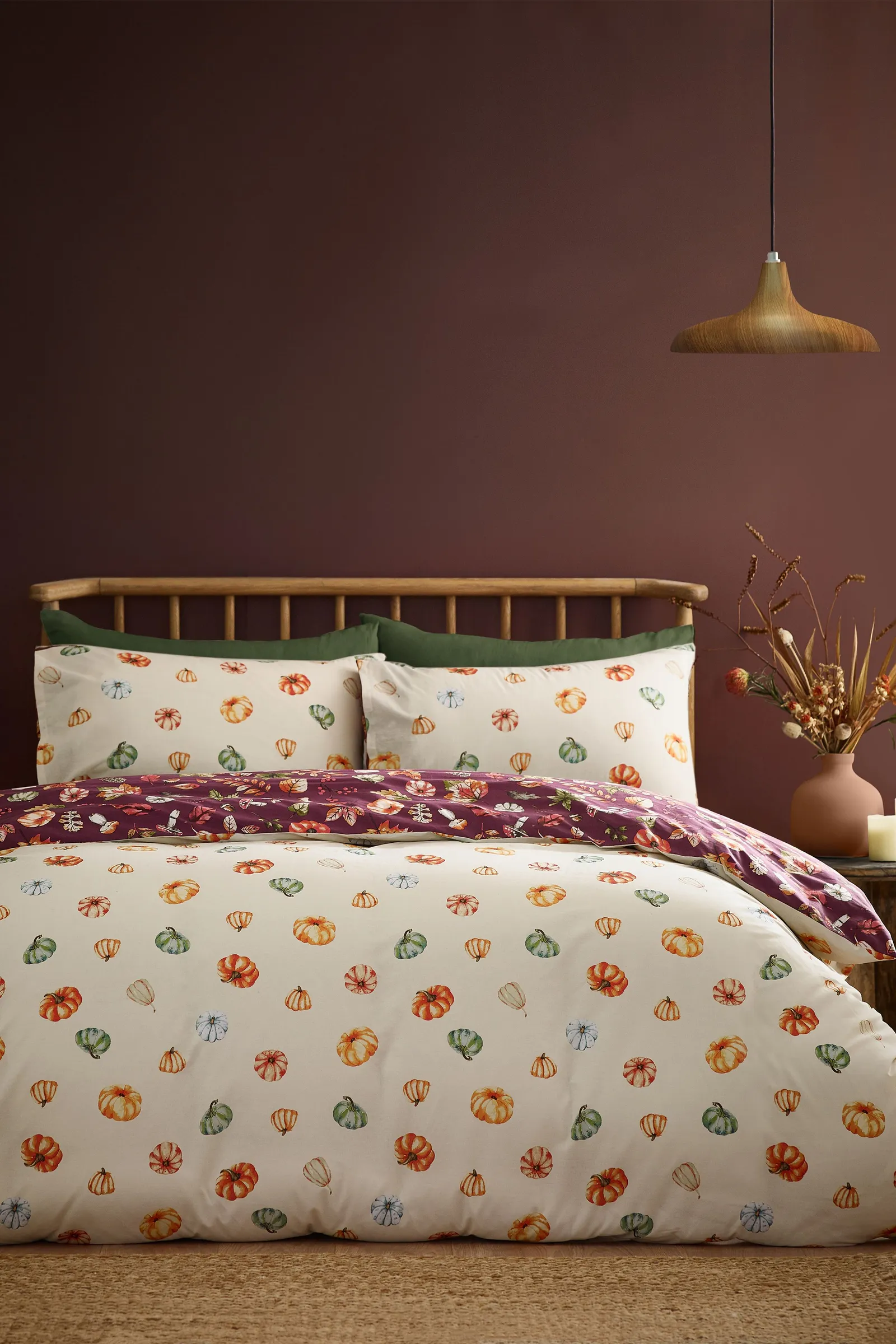 Catherine Lansfield 'Autumn Pumpkins' Reversible Duvet Cover Set in Plum 2