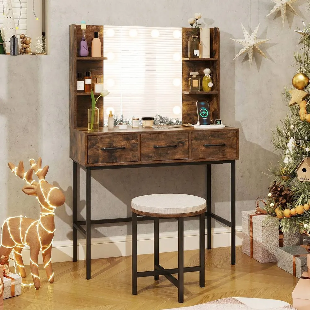 Costway Vanity Desk w/Mirror & Lights Makeup Table & Stool Set w/Power Outlets in Brown 4