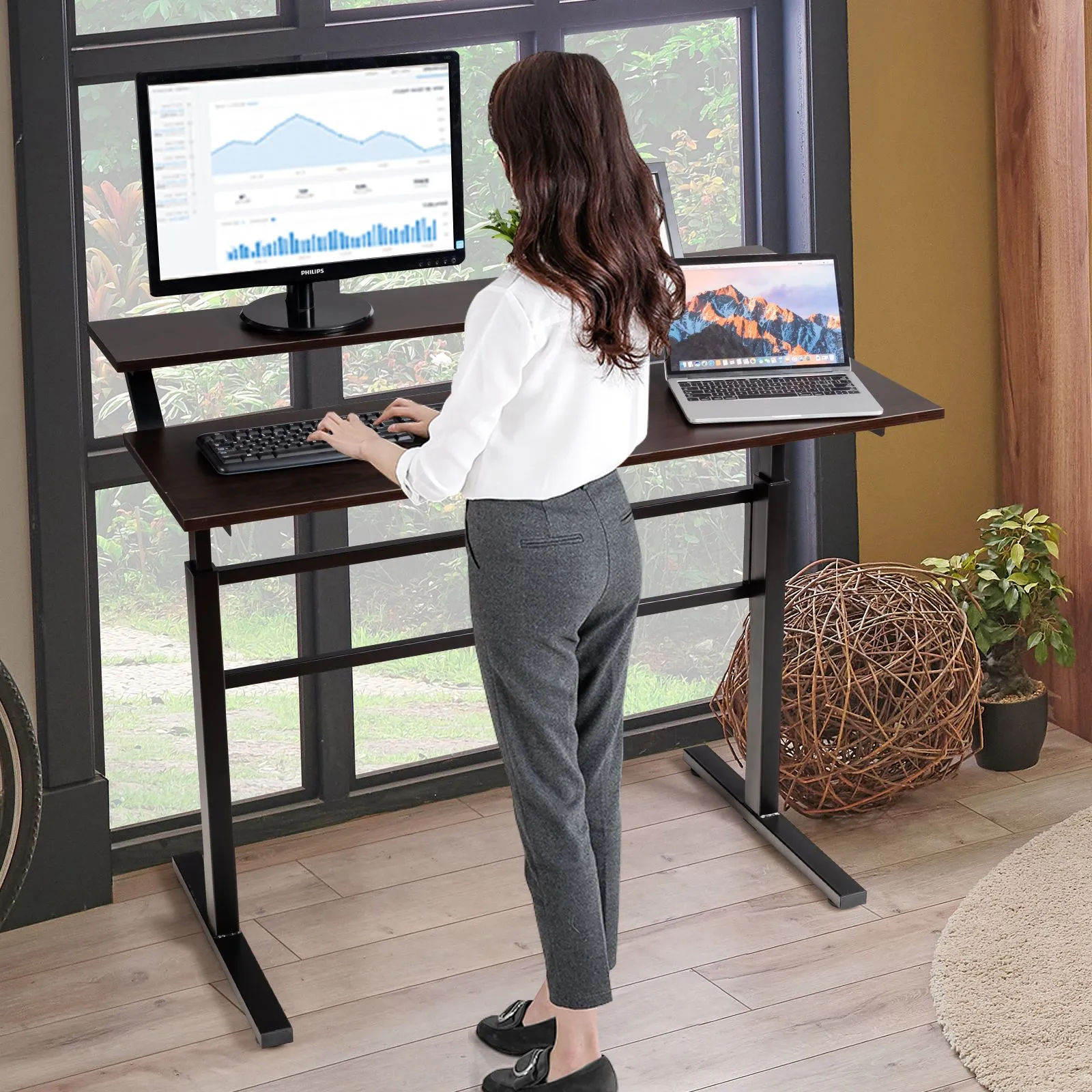 Costway 2-Tier Standing Computer Desk Sit to Stand Workstation Ergonomic Computer Table in Brown 3