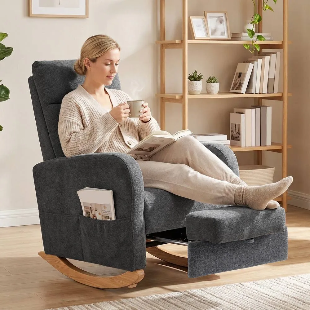 HOMCOM Upholstered Rocking Chair with Retractable Footrest Grey 2
