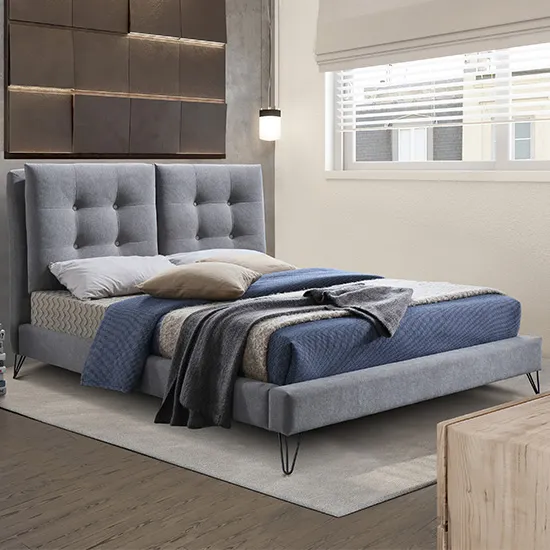 Tuscany Fabric Double Bed In Light Grey With Black Metal Legs