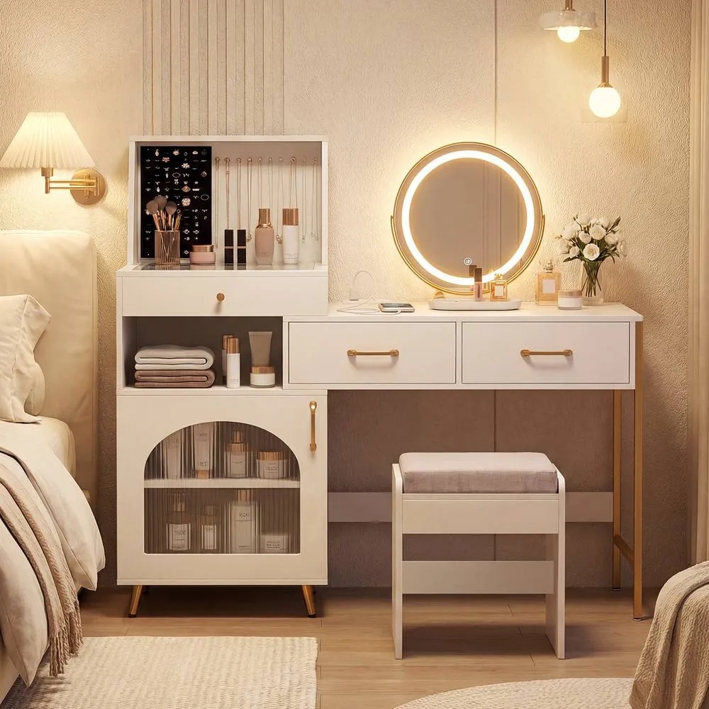 Costway Vanity Desk Set w/ Mirror & Lights Makeup Dressing Table w/ Stool in White 4