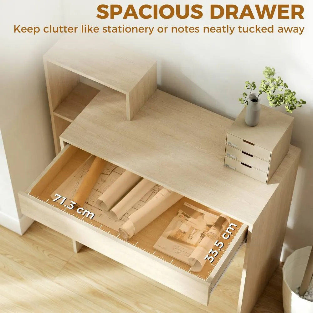 HOMCOM Computer Desk with 3 Open Shelves & Drawer, Natural 5