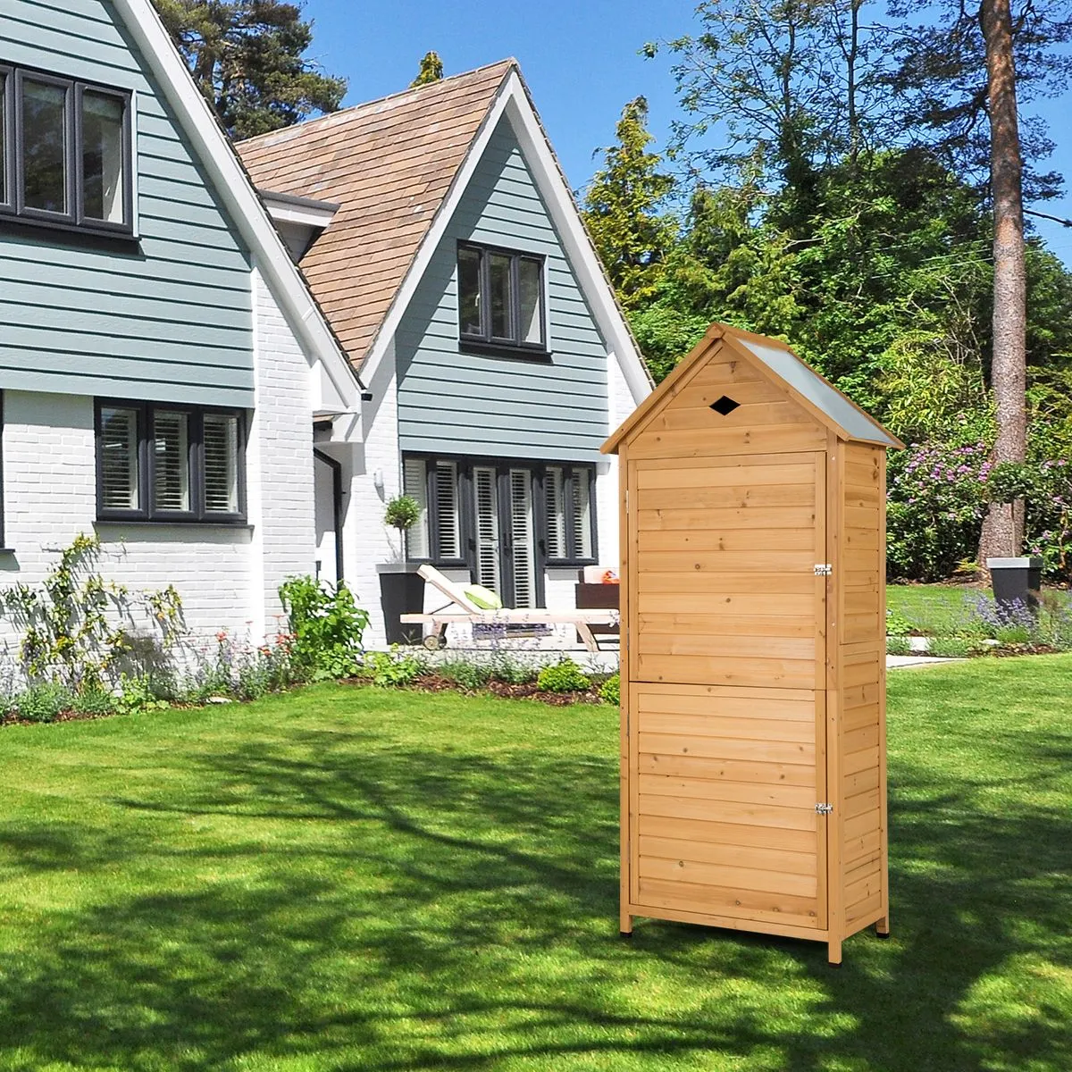 Costway Outdoor Storage Shed Lockable Wooden Garden Tool Storage Cabinet Waterproof Tool Hutch Organizer in Natural 6