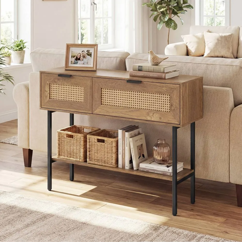 Costway Rattan Console Table Boho Entryway Table w/ Flip Doors & Open Shelf in Natural 3