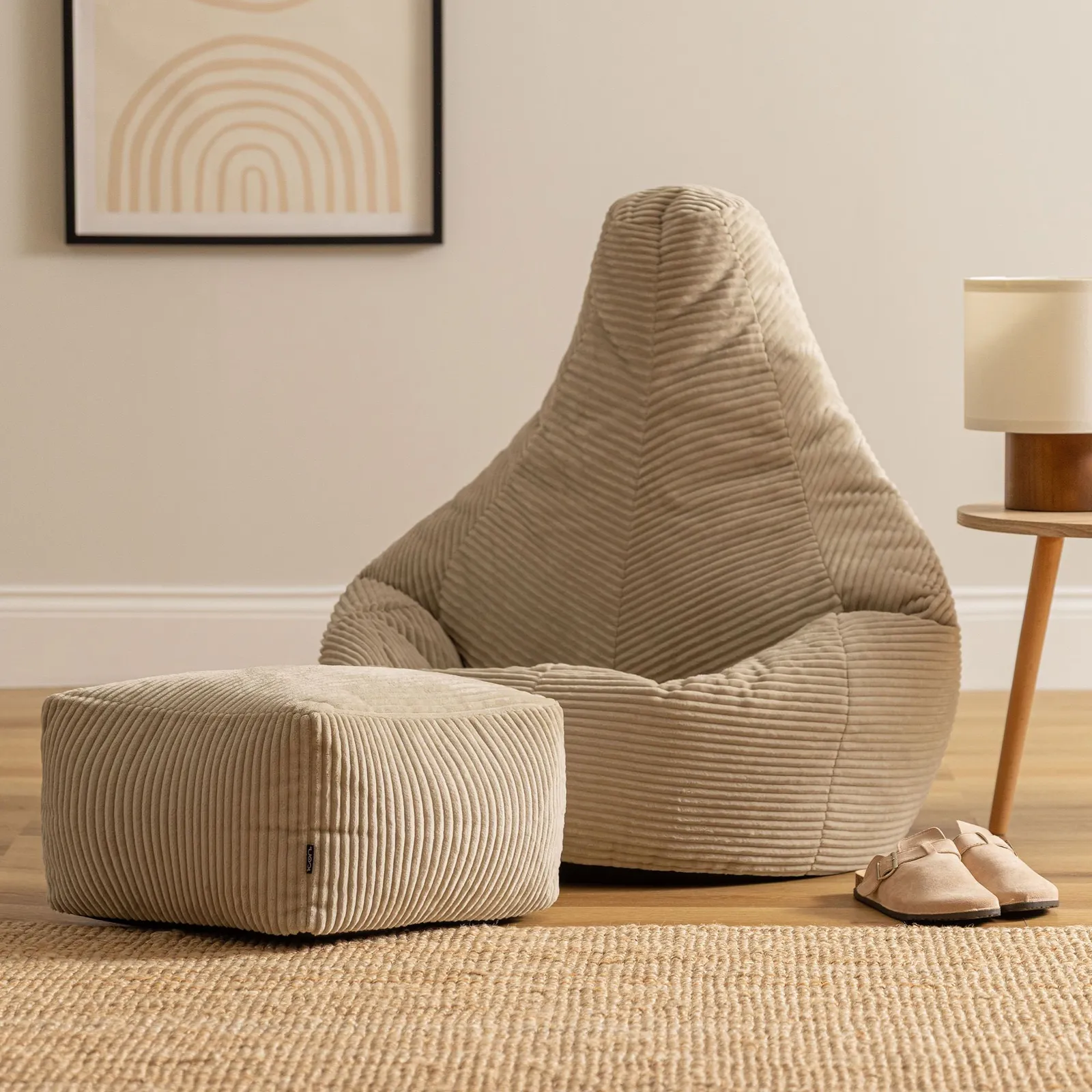 icon Gaming Bean Bag Recliner & Footstool, Corduroy in Beige