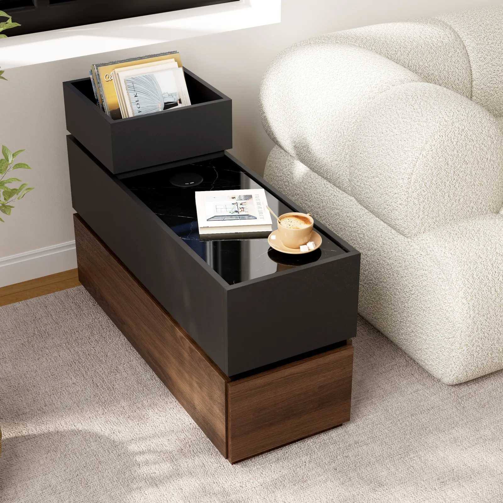 Sintered Stone Top Narrow Smart Side Table with Storage Modern Black & Walnut End Table with USB Charging