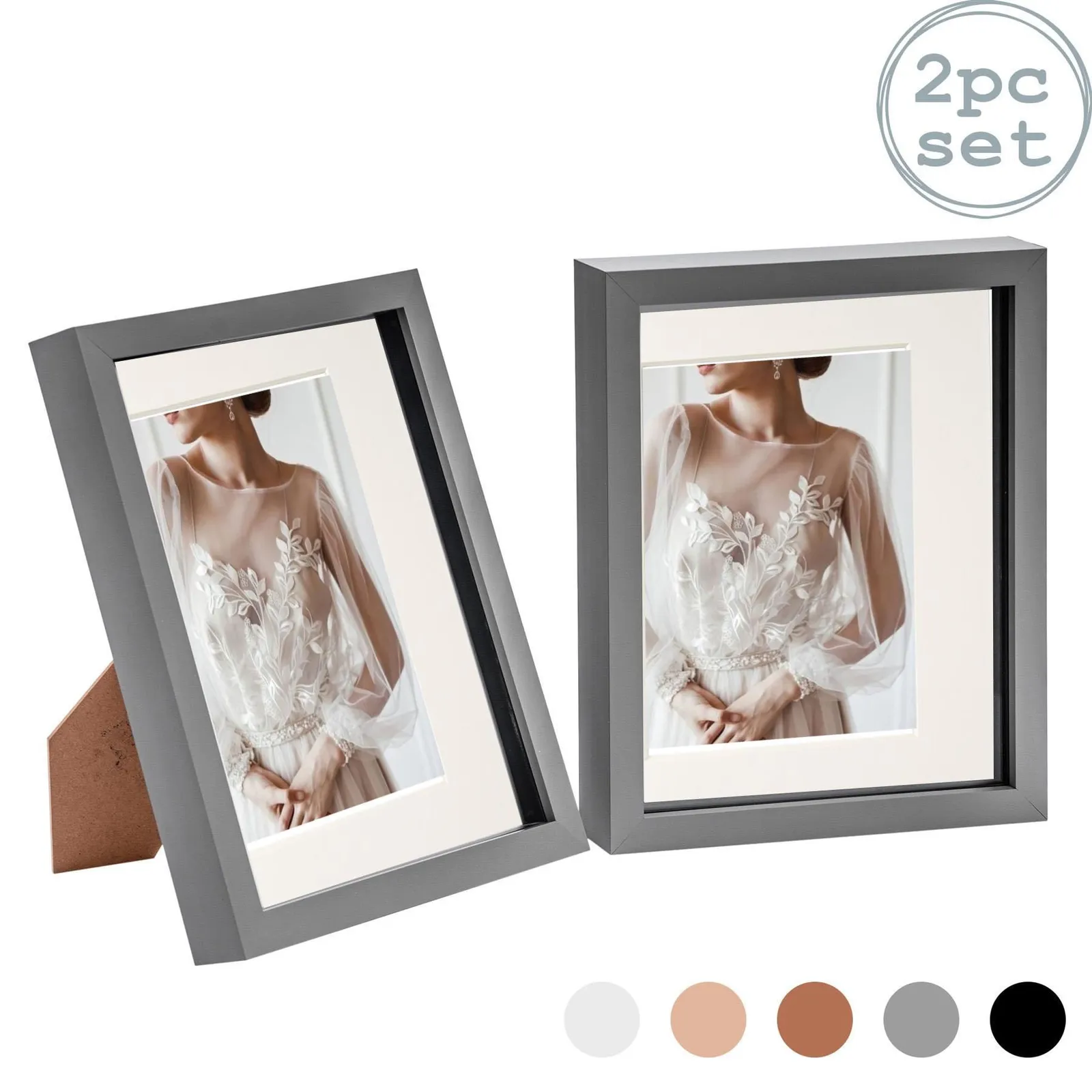 Nicola Spring 3D Box Photo Frames - 8 x 10" with 5 x 7" Mount - Grey Mount - Pack of 2