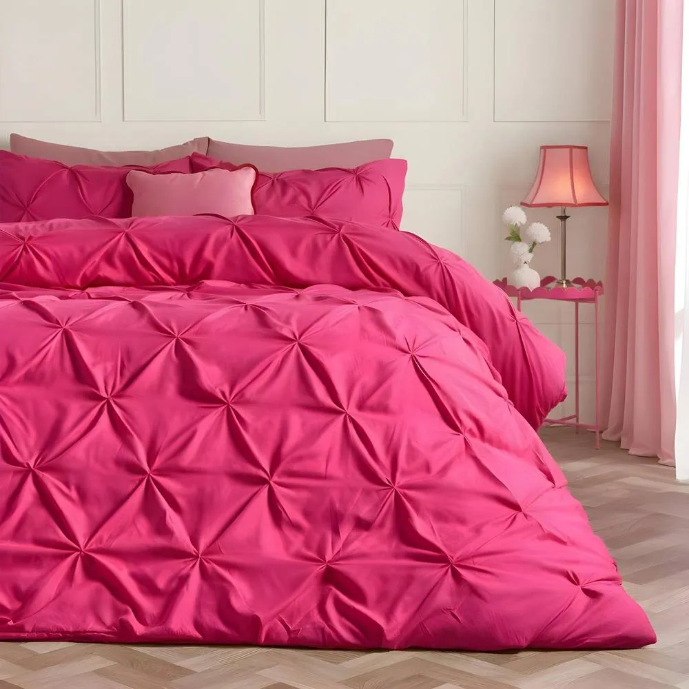 OHS Pintuck Bedding Set Microfibre Pinch Pleat Duvet Cover with Pillowcase in Bright Pink