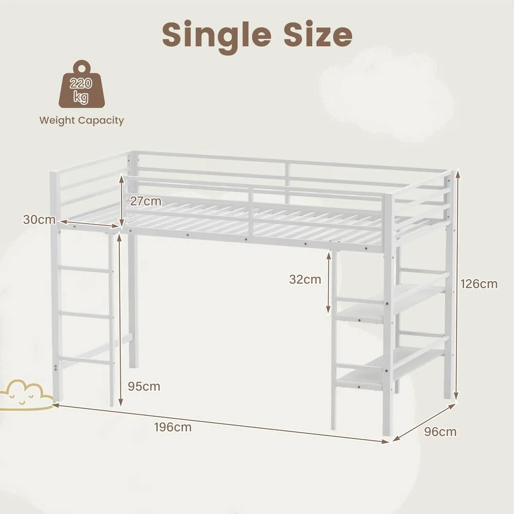 Costway Single Size Metal Loft Bed Metal Bed Frame w/Guardrails & Shelves in White 2