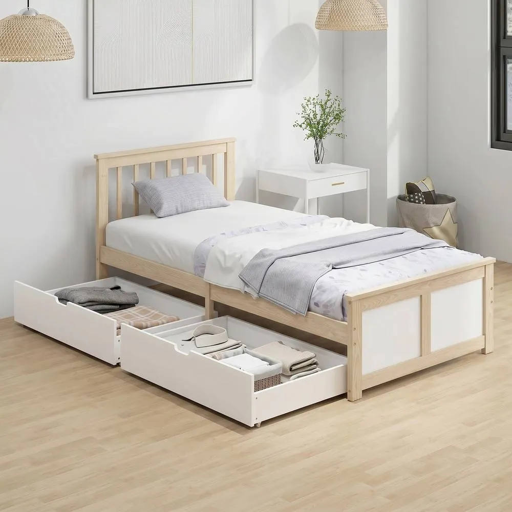 HOMCOM Storage Bed with 2 Drawers, Headboard, Wood Slat Support, Natural