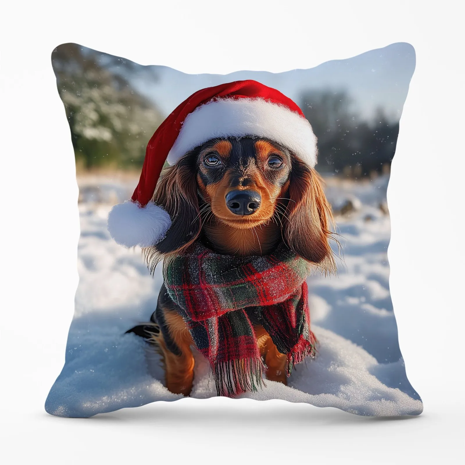 Warren Reed - Designer Christmas Dachshund Cushion in Brown