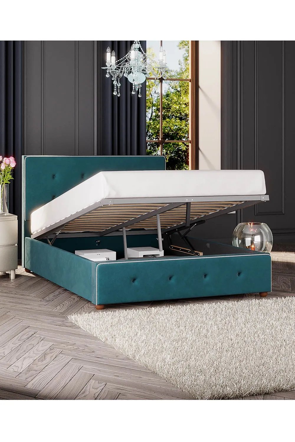 Laurence Llewelyn-Bowen Hesper Ottoman Storage Bed in Plush Velvet Fabric, Custom Made in Emerald