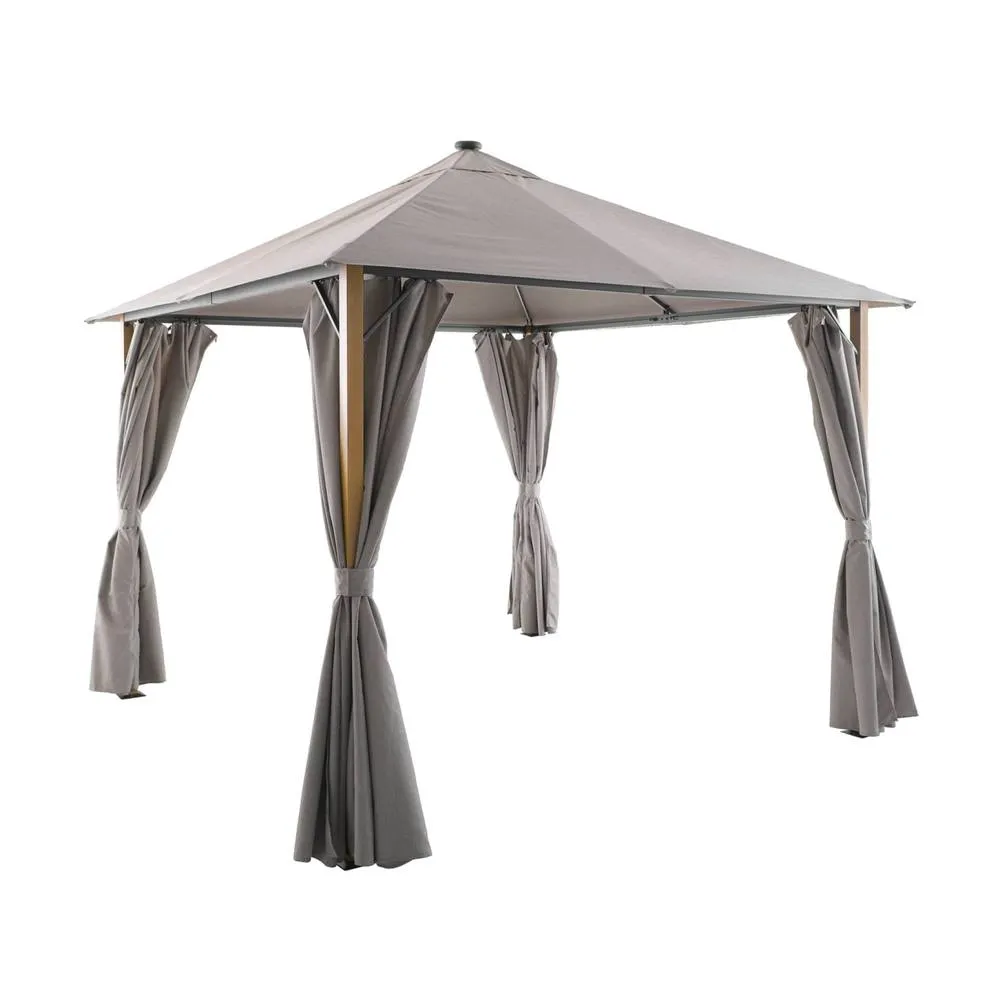 sweeek Aluminum gazebo 3x3m with wood effect, curtains, & LED in Beige 2