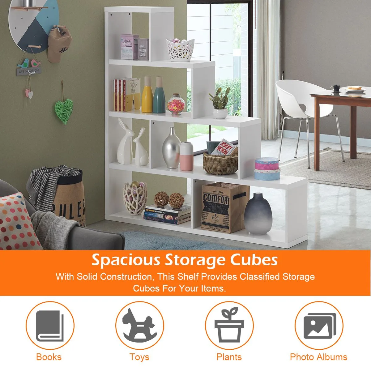 Costway 6-Cube Ladder Bookcase Freestanding Corner Bookshelf 5-Tier Display Shelf in White 5