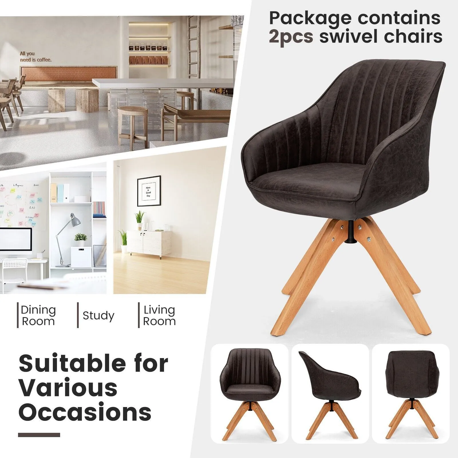 Costway Set of 2 Swivel Accent Chair Ergonomic Armchairs Writing Desk Chairs in Brown 5