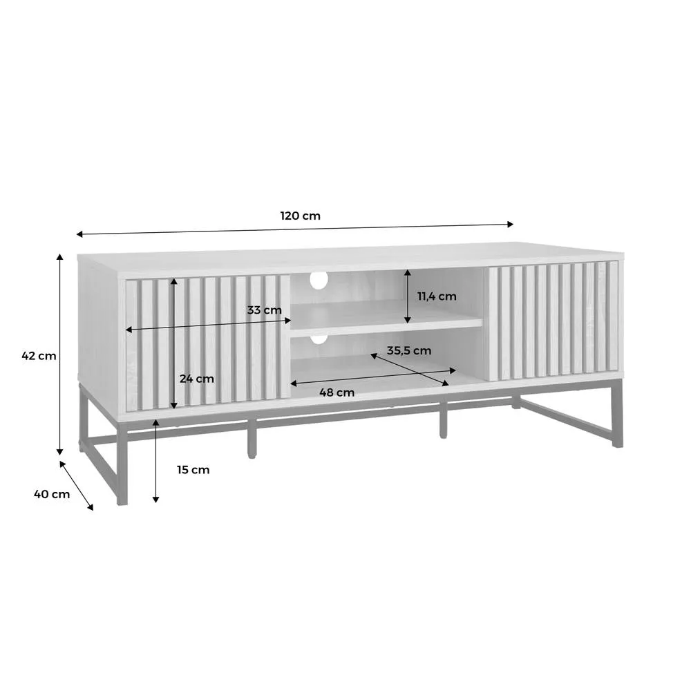 sweeek 120cm Tv Unit Grooved Wooden Effect & Metal 2 Doors in Light Brown 5
