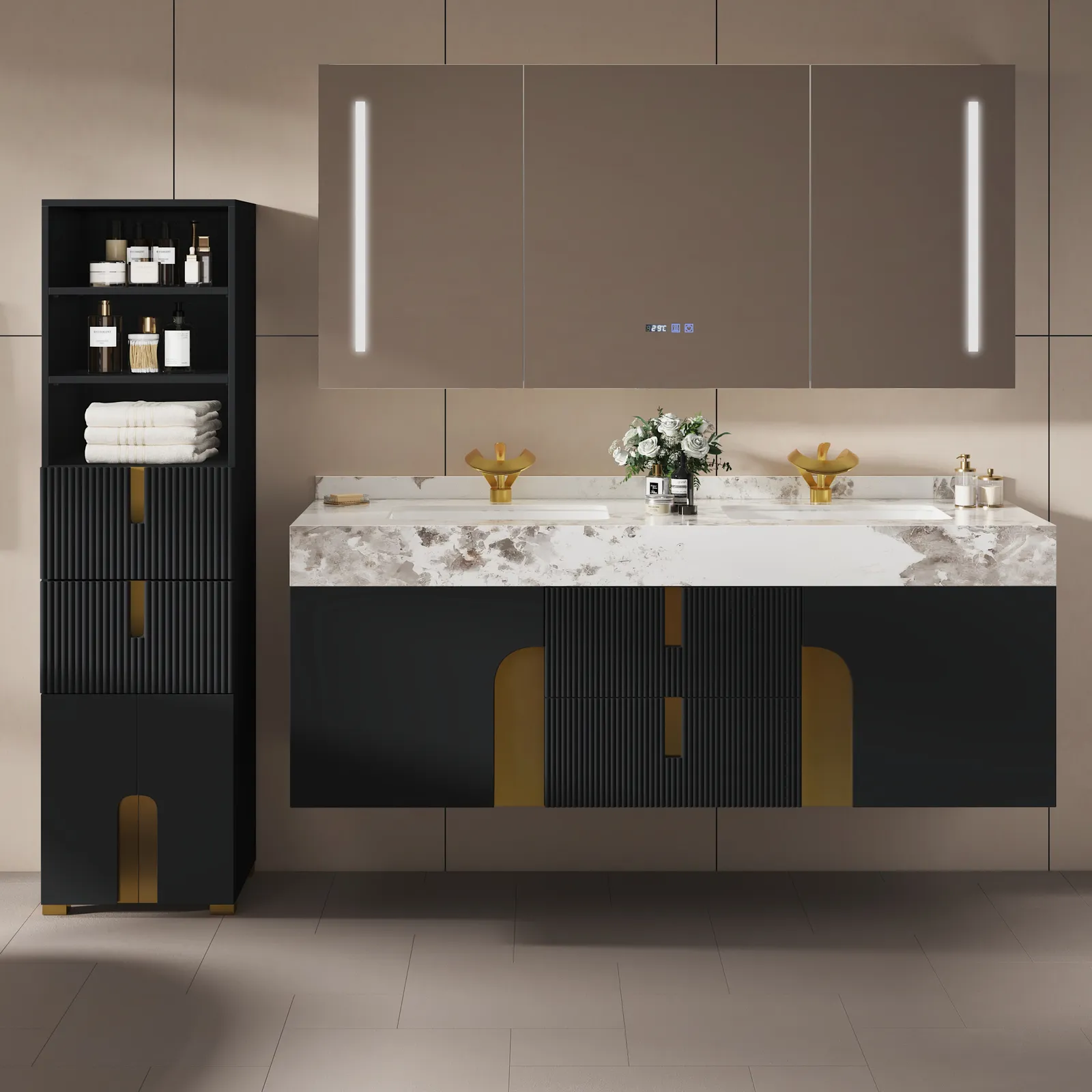 Artis 149cm Tall Bathroom Storage Cabinet & 152cm Wall-Mounted Double Vanity Set