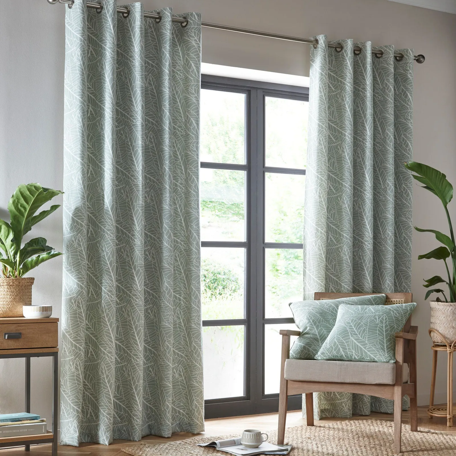 Portfolio Home Madison Botanical Leaves Fully Lined Eyelet Curtain Set in Green 1