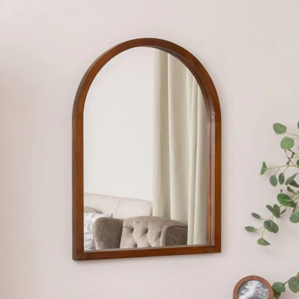 Melody Maison Dark Wood Framed Arched Wall Mirror - 60cm X 80cm - Ashwell Range in Brown