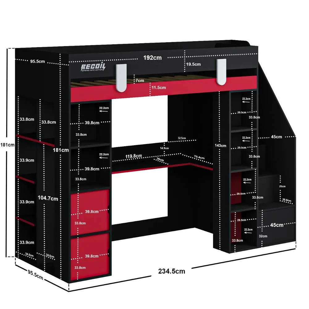 Flair Blaze Staircase Gaming High Sleeper with Storage Black & Red 6