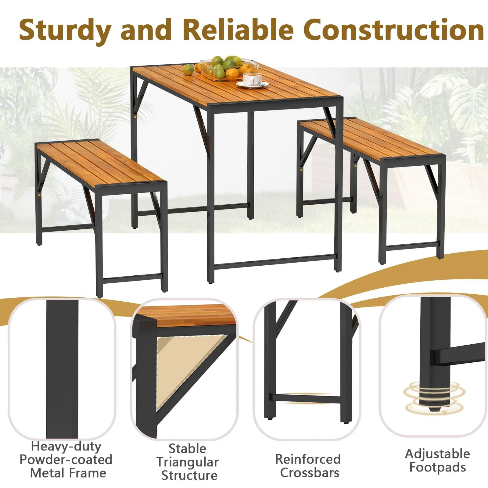 Costway 3-Pieces Patio Dining Set for 4 People Outdoor Picnic Table & 2 Benches in Natural 4