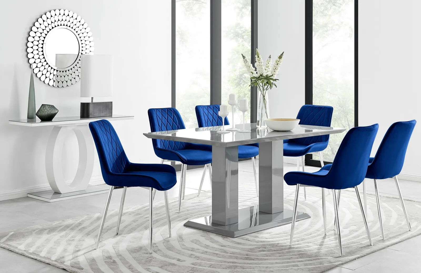 FurnitureboxUK Imperia 6 Grey Dining Table & 6 Pesaro Silver Leg Chairs in Navy