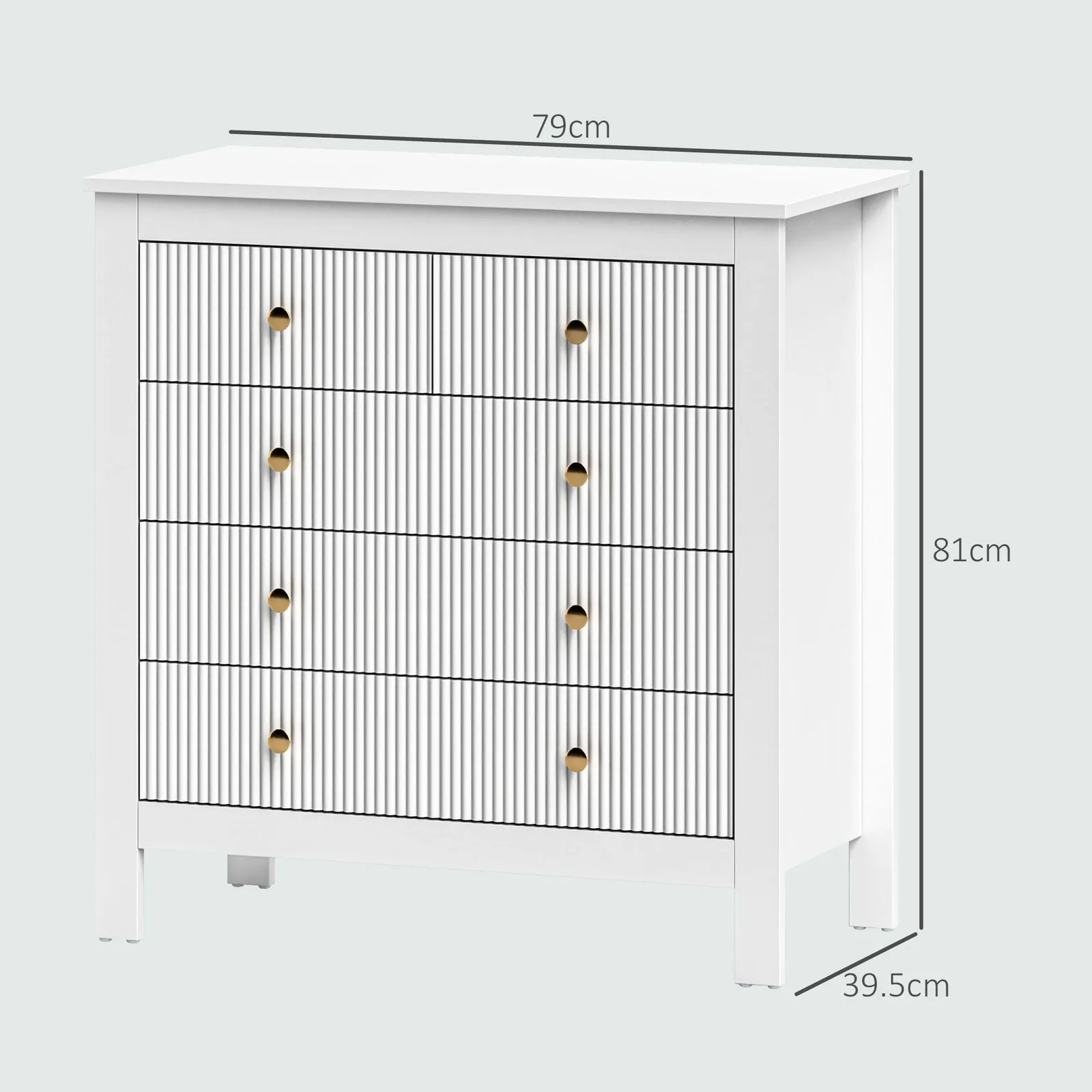 HOMCOM Fluted Bedroom Chest of Drawers w/ 5 Drawers Gold Tone Handles in White 3