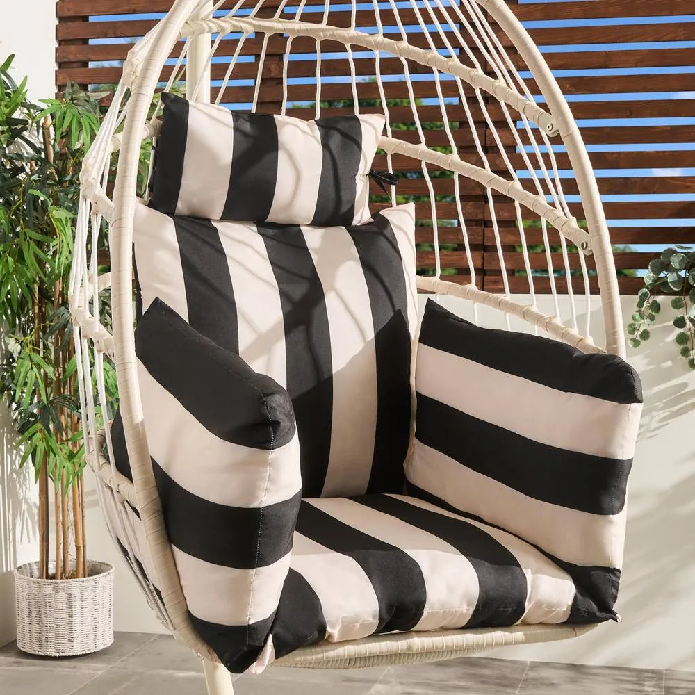 OHS Stripe Egg Chair Cushion Headrest Pillow Outdoor Water Resistant in Black