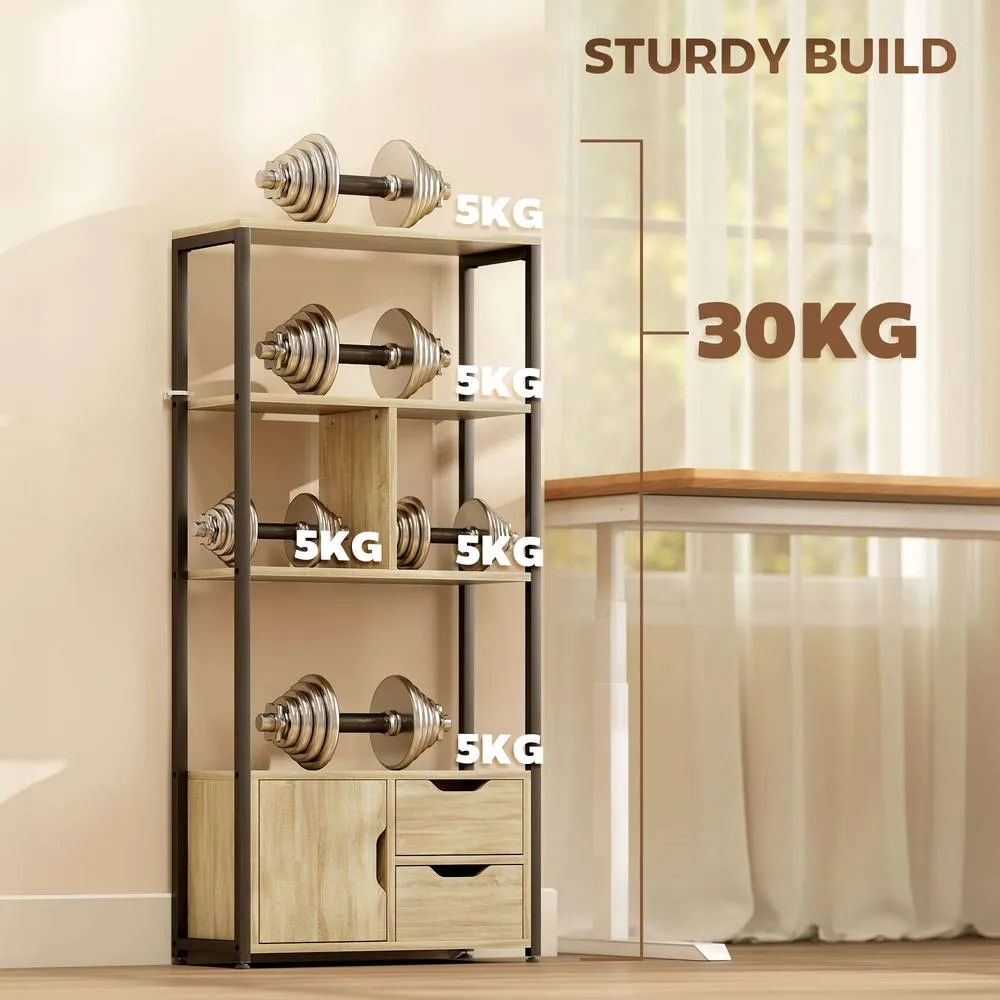 HOMCOM Industrial Bookshelf with 1 Cabinet & 2 Drawers, Natural Wood 5
