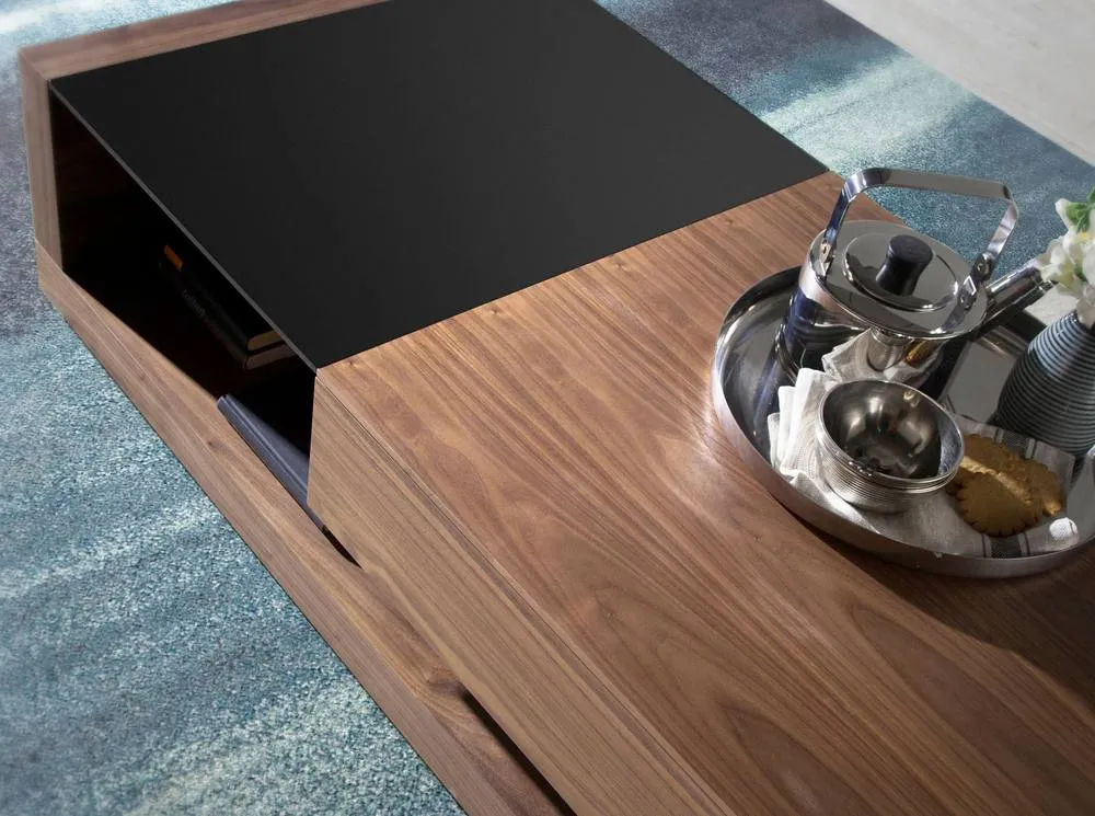 Angel Cerda Rectangular Coffee Table, Walnut Veneer & Black in Brown 5